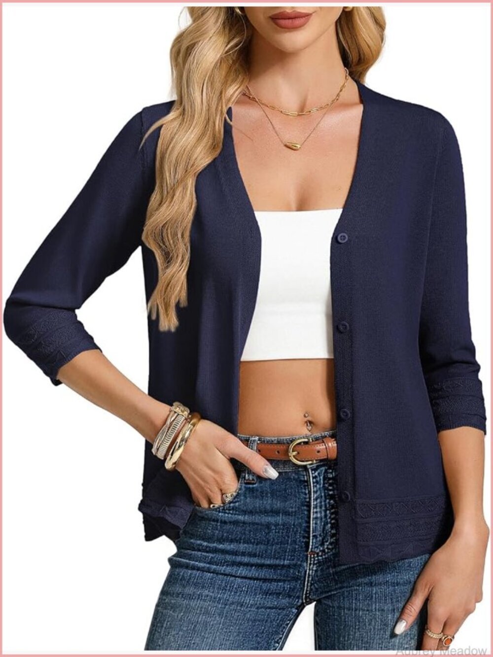 3/4 Sleeve V-Neck Button Up Lightweight Cardigan Sweater for Women
